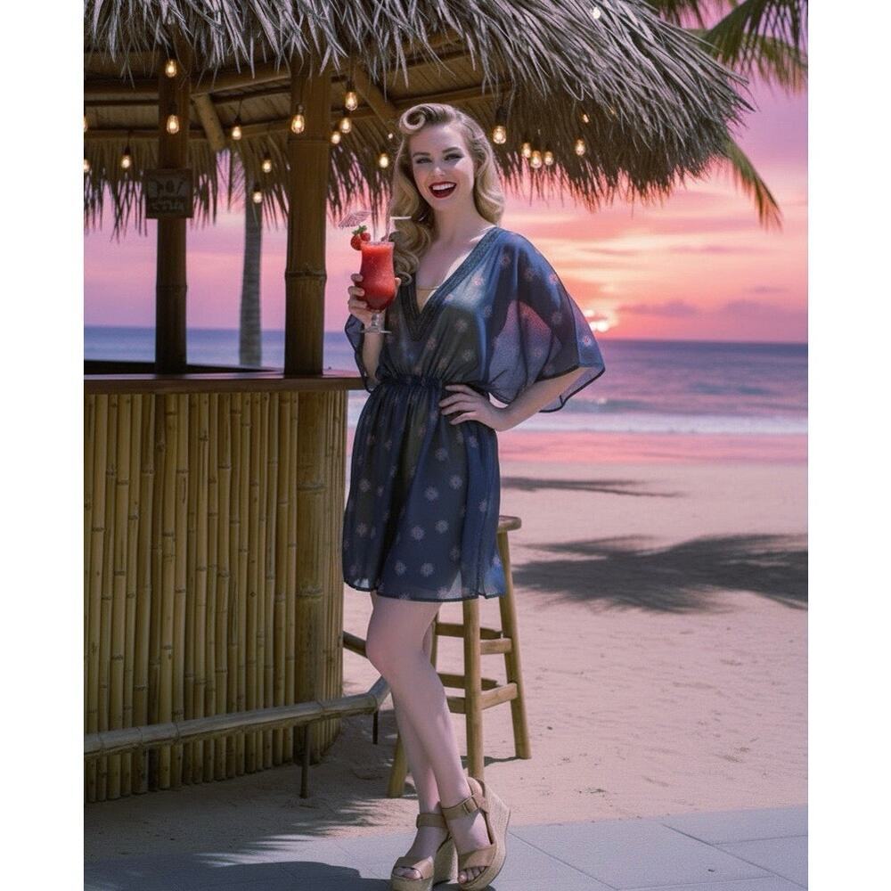 Highness Sheer Navy Floral Beaded Swim Cover Up One Size Beach Tunic resort